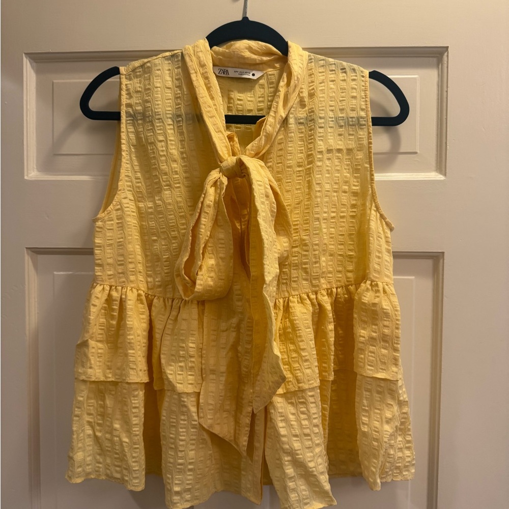 Zara Yellow Ruffled Sleeveless Blouse with Tie Front